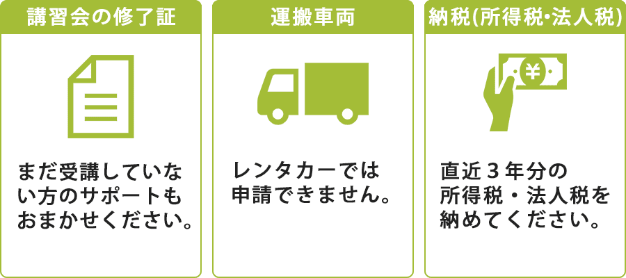 講習会修了証、運搬車両、納税（所得税・法人税）